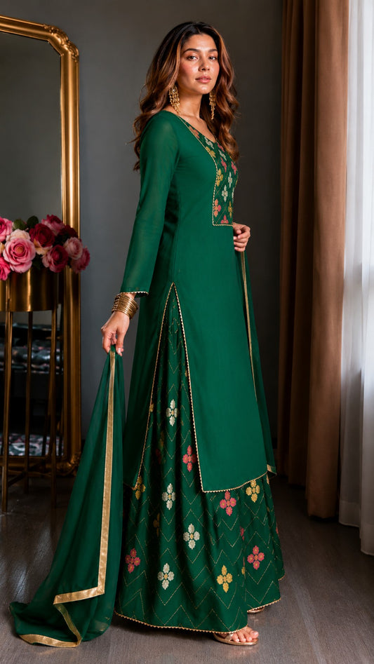 Green Straight Suit Ghara Set With Dupatta.
