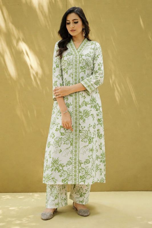 Green Floral A- Line Kurta Set.