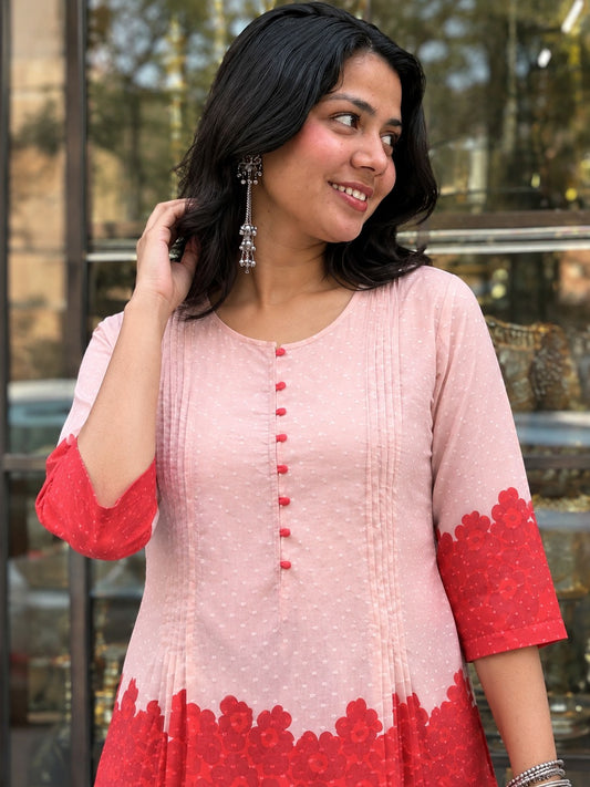 Red Floral Print Short Kurta .