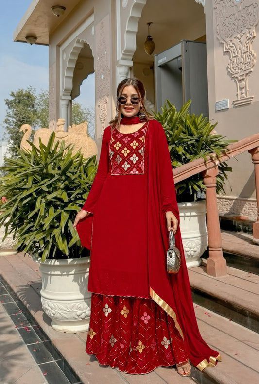Red Straight Suit Ghara Set With Dupatta.