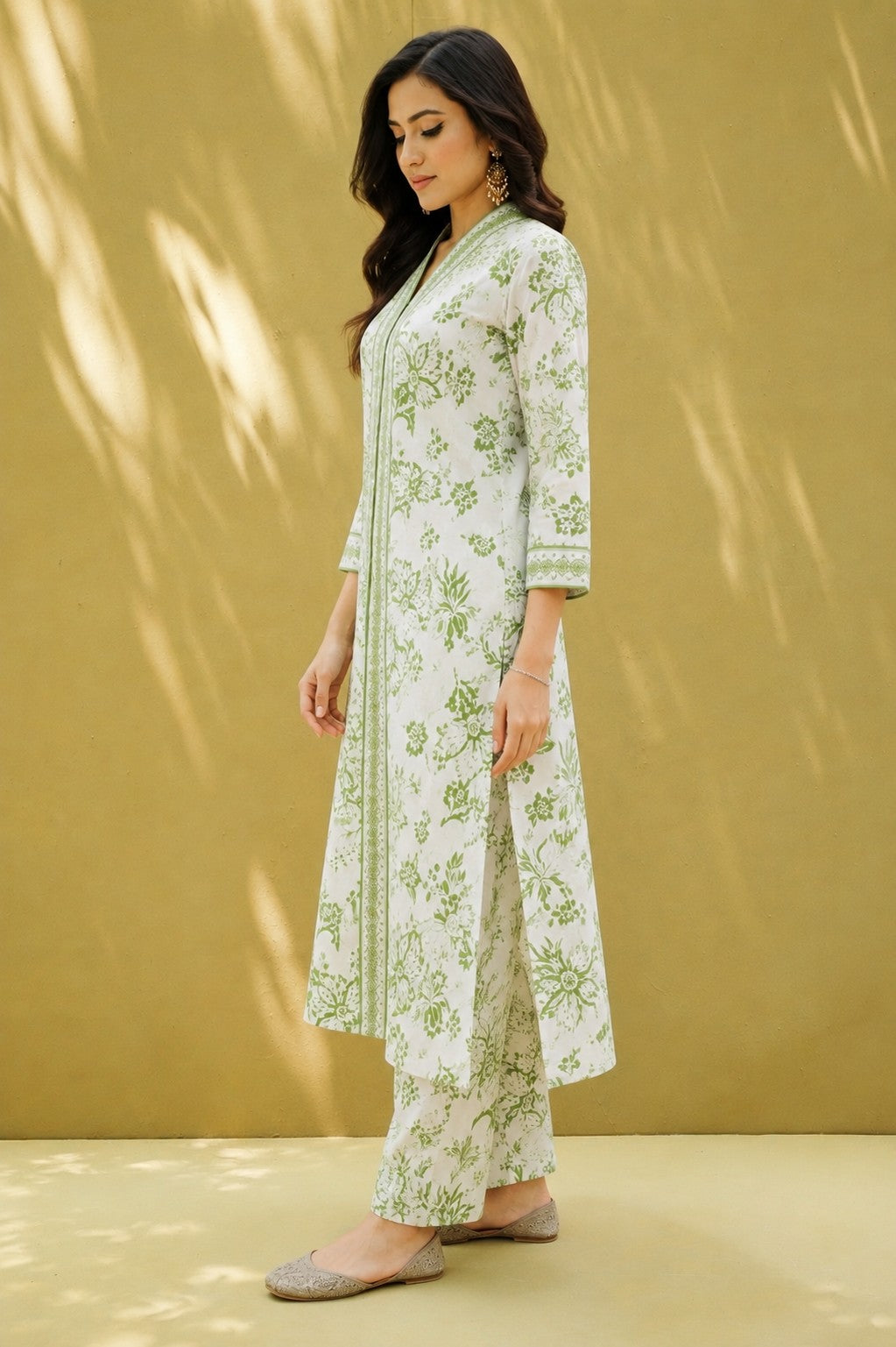 Green Floral A- Line Kurta Set.