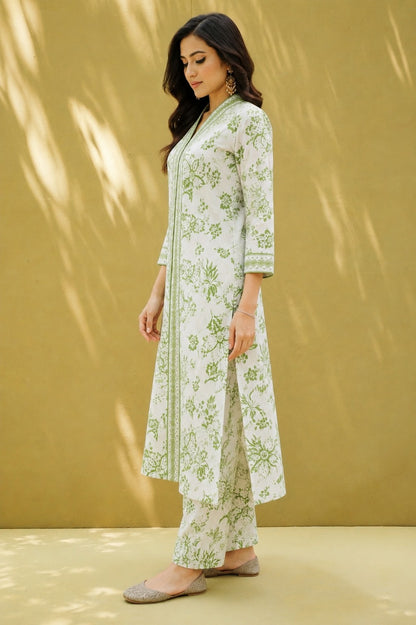 Green Floral A- Line Kurta Set.