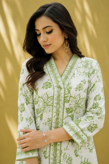 Green Floral A- Line Kurta Set.
