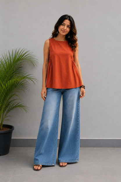 Maavish Orange Sleeveless Top with Side Smocking & Flared Hem