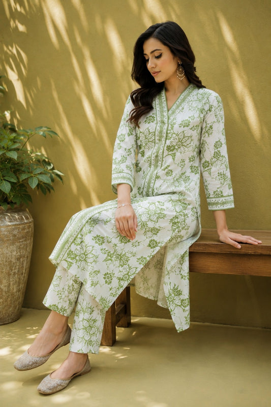 Green Floral A- Line Kurta Set.