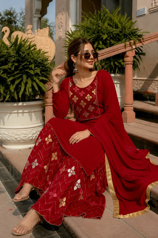 Red Straight Suit Ghara Set With Dupatta.