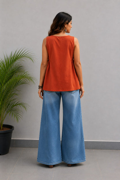 Maavish Orange Sleeveless Top with Side Smocking & Flared Hem