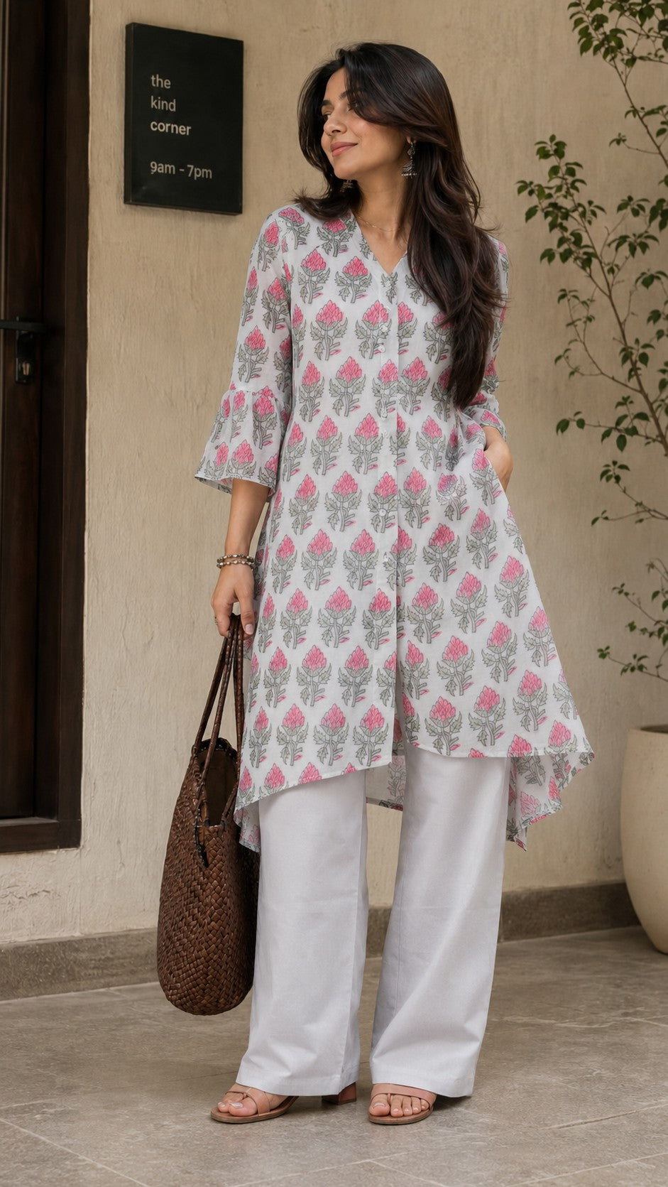 V-Neck Floral Kurta Set.