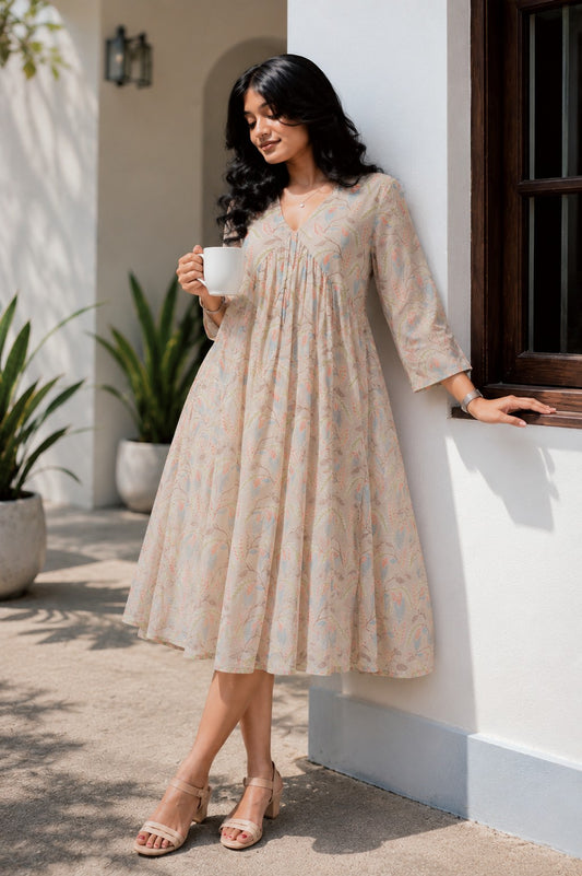V-neck leaf print Midie Dress.
