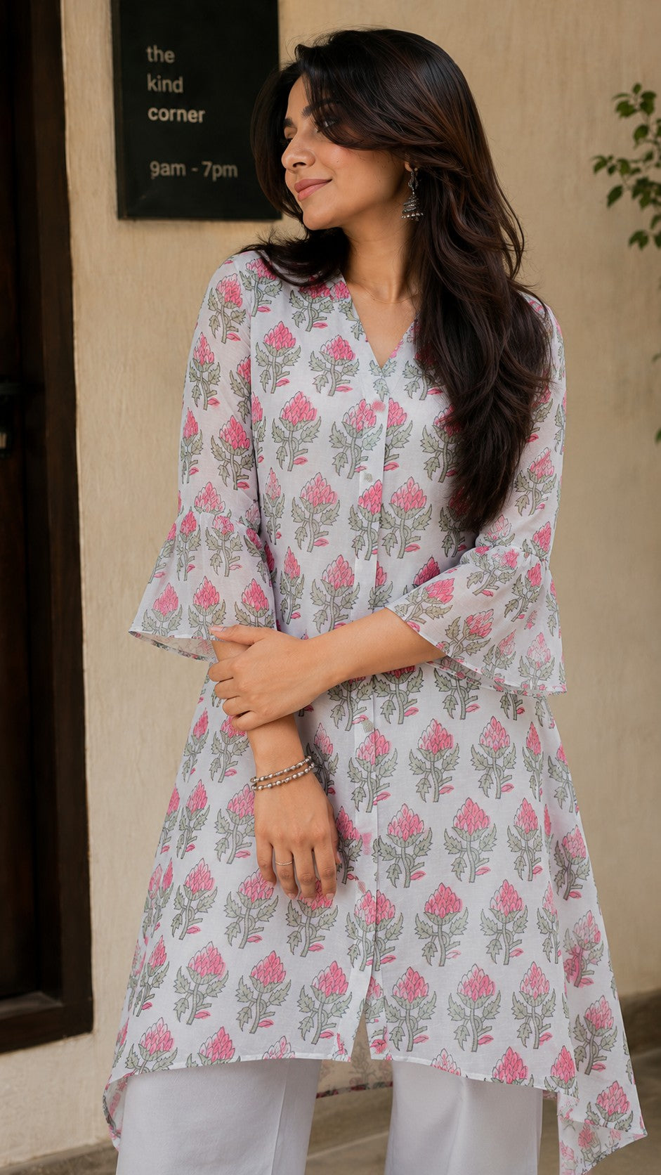 V-Neck Floral Kurta Set.