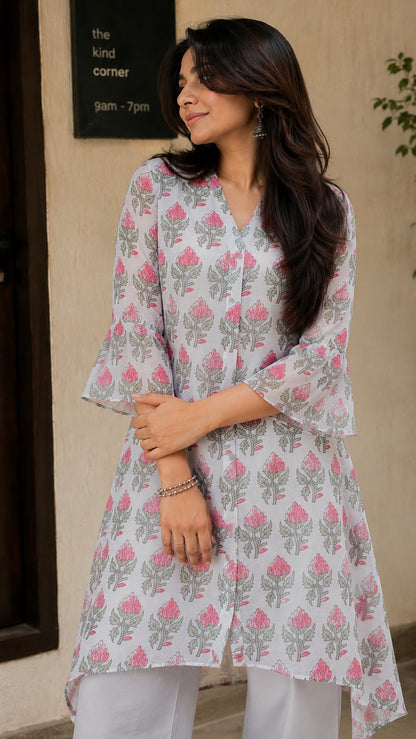 V-Neck Floral Kurta Set.