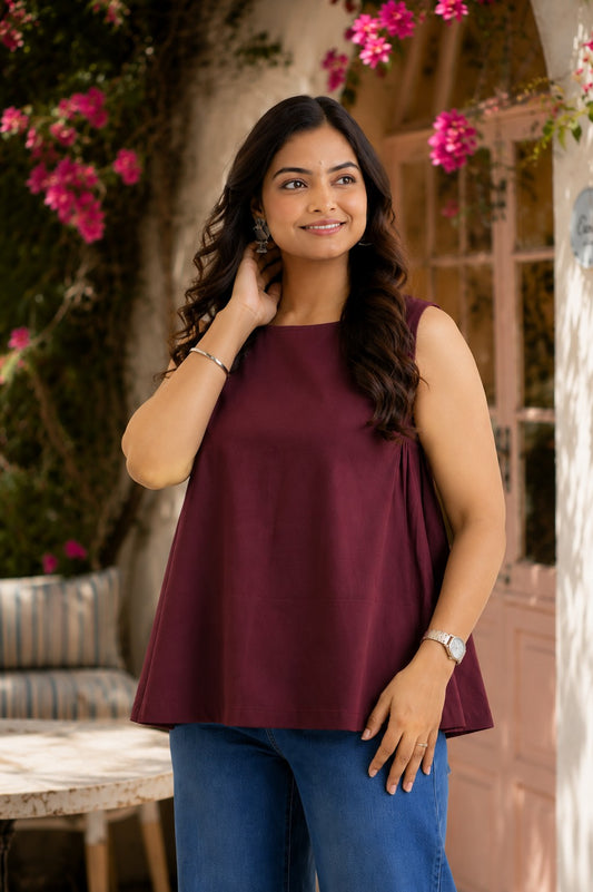 Maavish Wine Color Sleeveless Top with Side Smocking & Flared Hem Top
