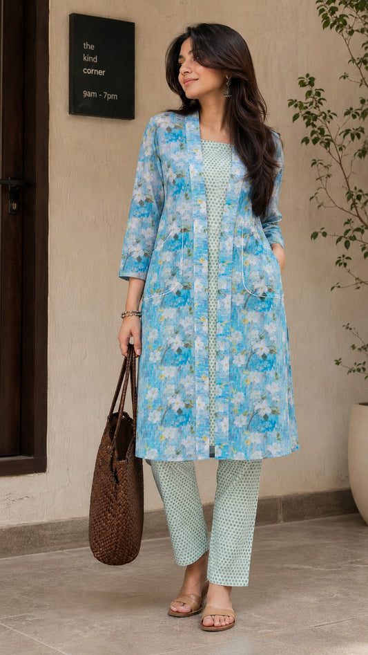 Green Polka A-line Kurta Set with Koti.