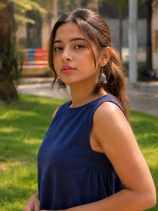 Maavish Blue Sleeveless Top with Side Smocking & Flared Hem
