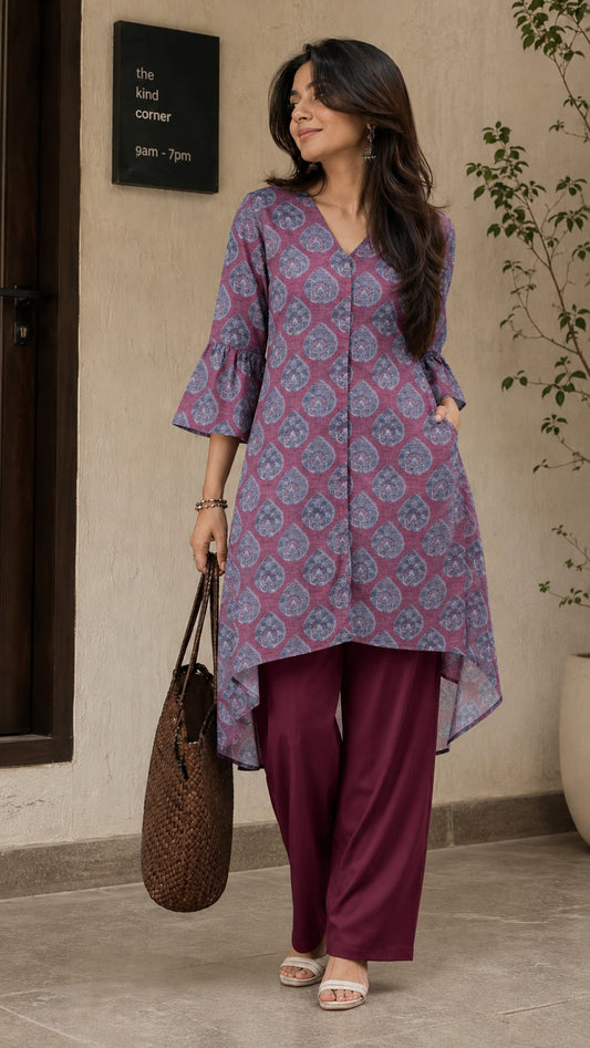 Motif V-Neck Floral Kurta Set.