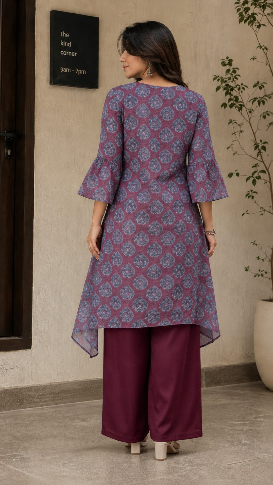 Motif V-Neck Floral Kurta Set.