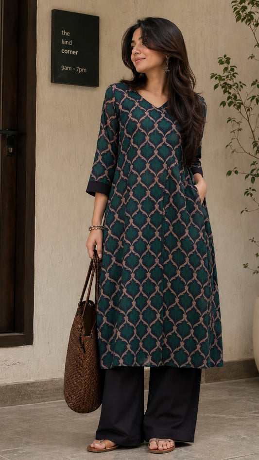 Motif Print Angrakha Kurta Set.