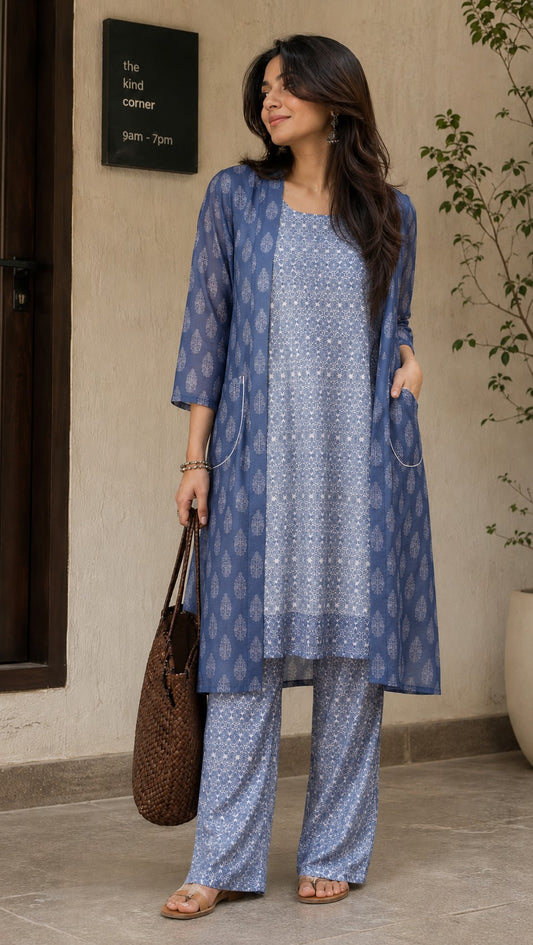 Indigo A-line Kurta Set with Koti.