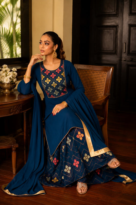 Blue Straight Suit Ghara Set With Dupatta.
