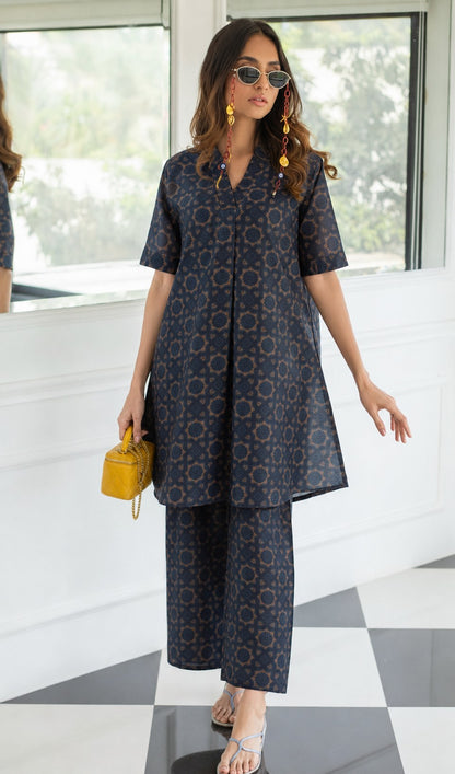 V-Neck Motif Kurta Set.