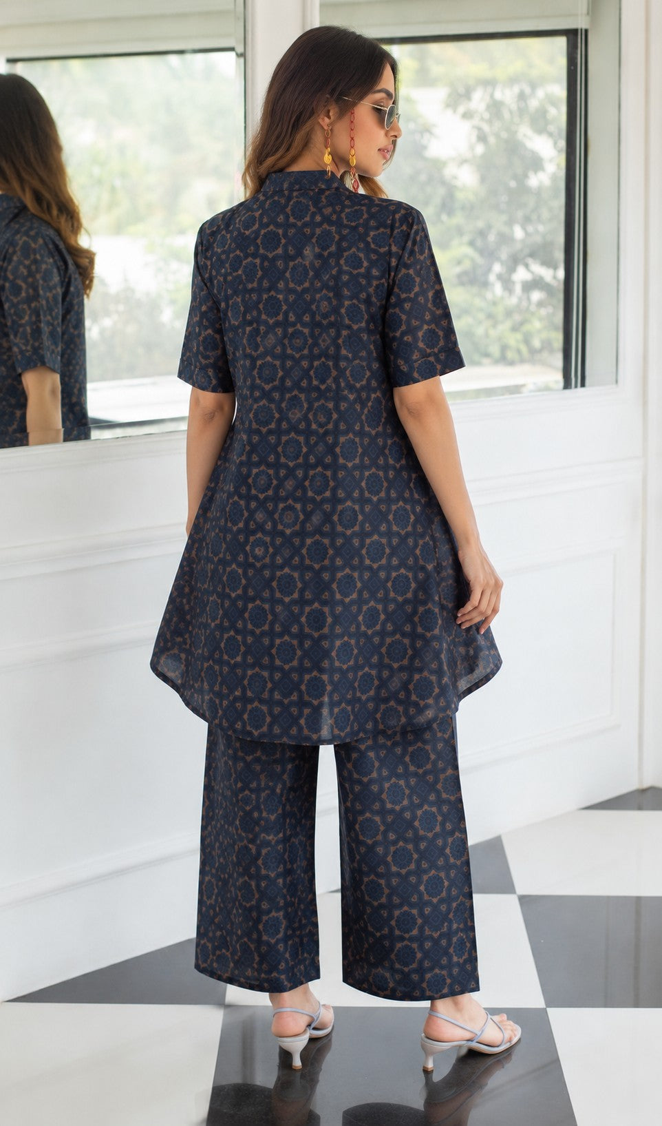 V-Neck Motif Kurta Set.