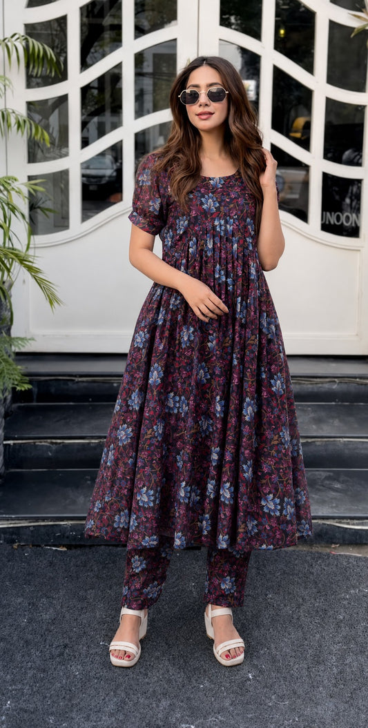 Floral Print Pleated Kurta Set.