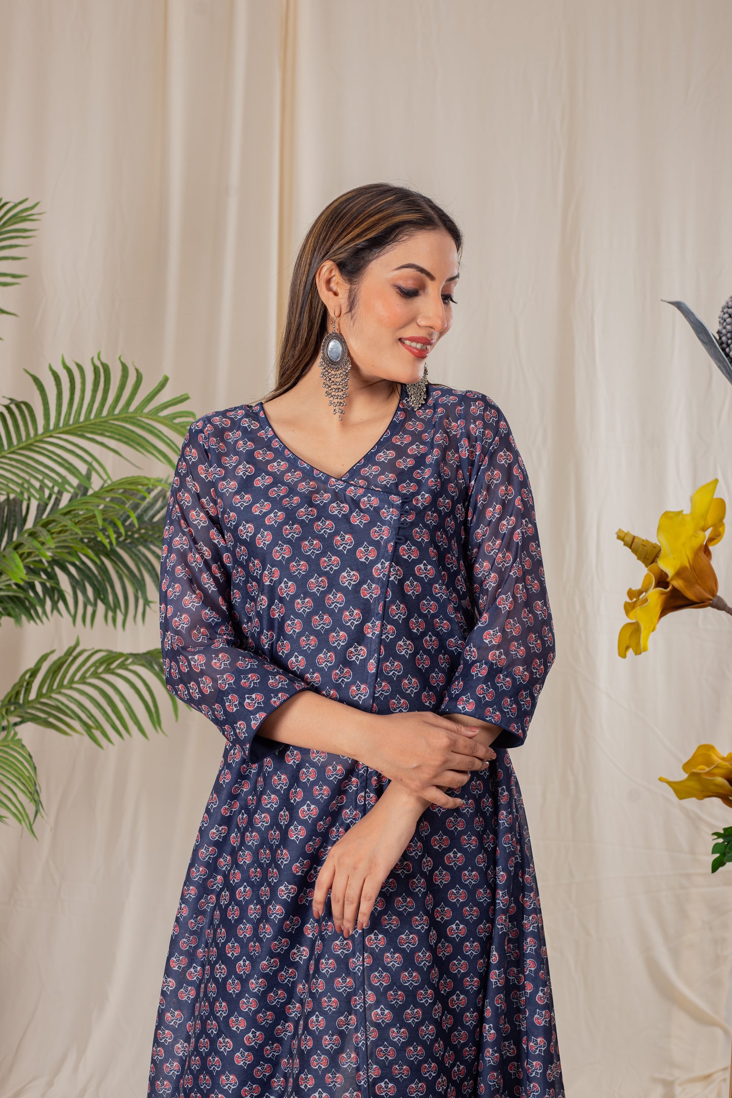 Tulips Print Angrakha Kurta Set