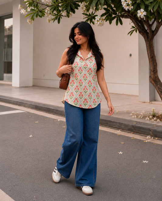 White and Red Floral Print Short Kurta Sleeveless.